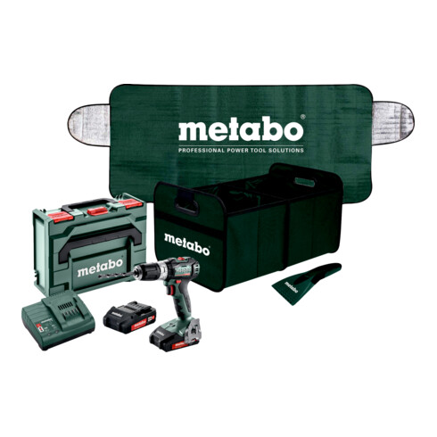 Metabo Trapano avvitatore a percussione a batteria SB 18 L BL + 18 V 2x2 Ah ioni di litio + SC 30 + set invernale per auto