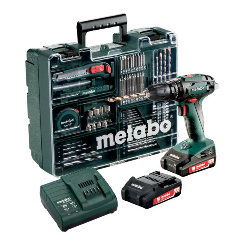 Metabo Trapano avvitatore a percussione a batteria SB 18, set officina mobile, valigetta in plastica, con 2 batterie agli ioni di litio da 2 Ah 18 V + SC 30