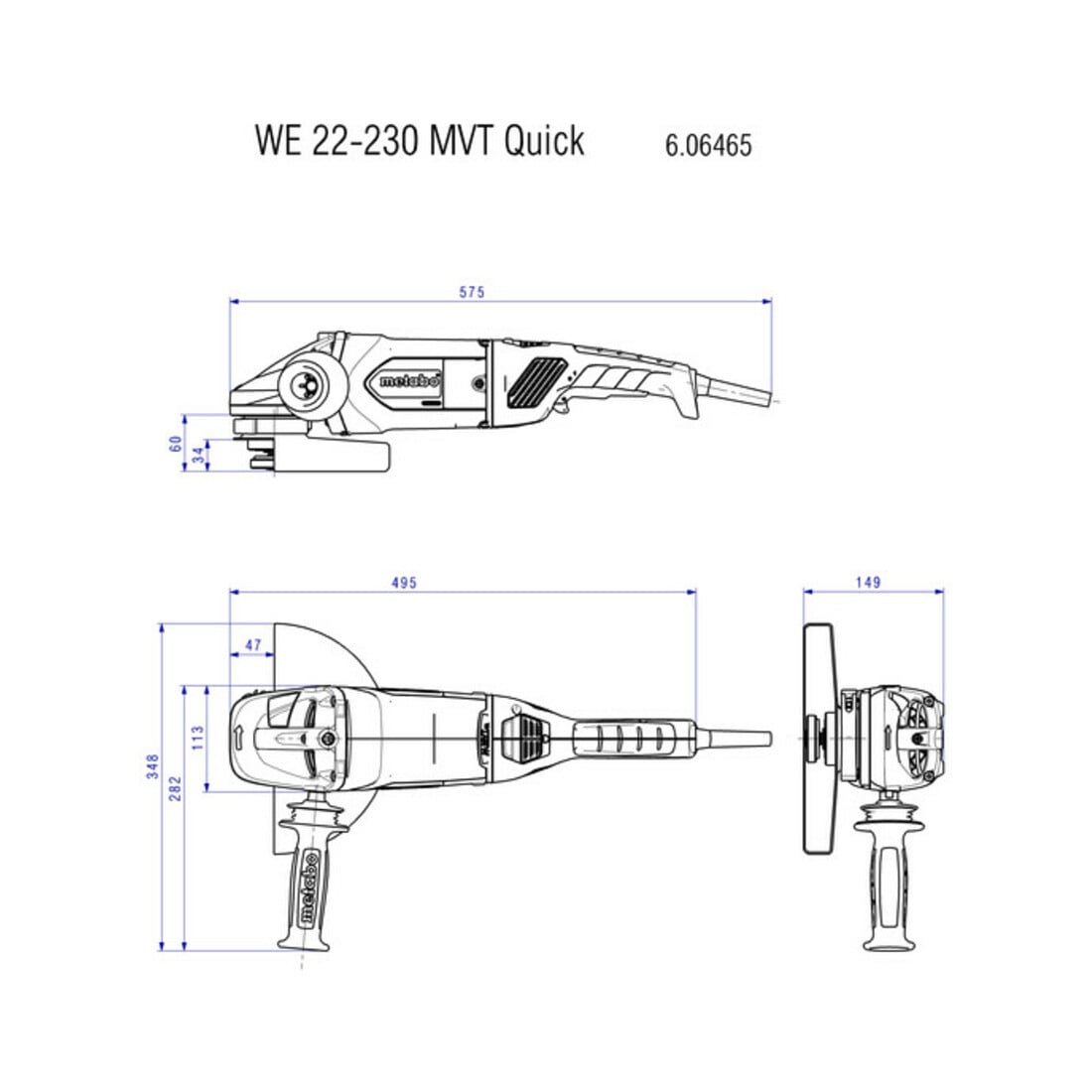Metabo Winkelschleifer WE 22-230 MVT mit drehbarem Haupthandgriff; Kunststoffkoffer