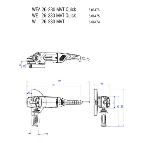 Metabo Winkelschleifer WE 26-230 MVT Quick mit Schnellspannmutter, drehbarem Haupthandgriff, Totmannschalter; Karton