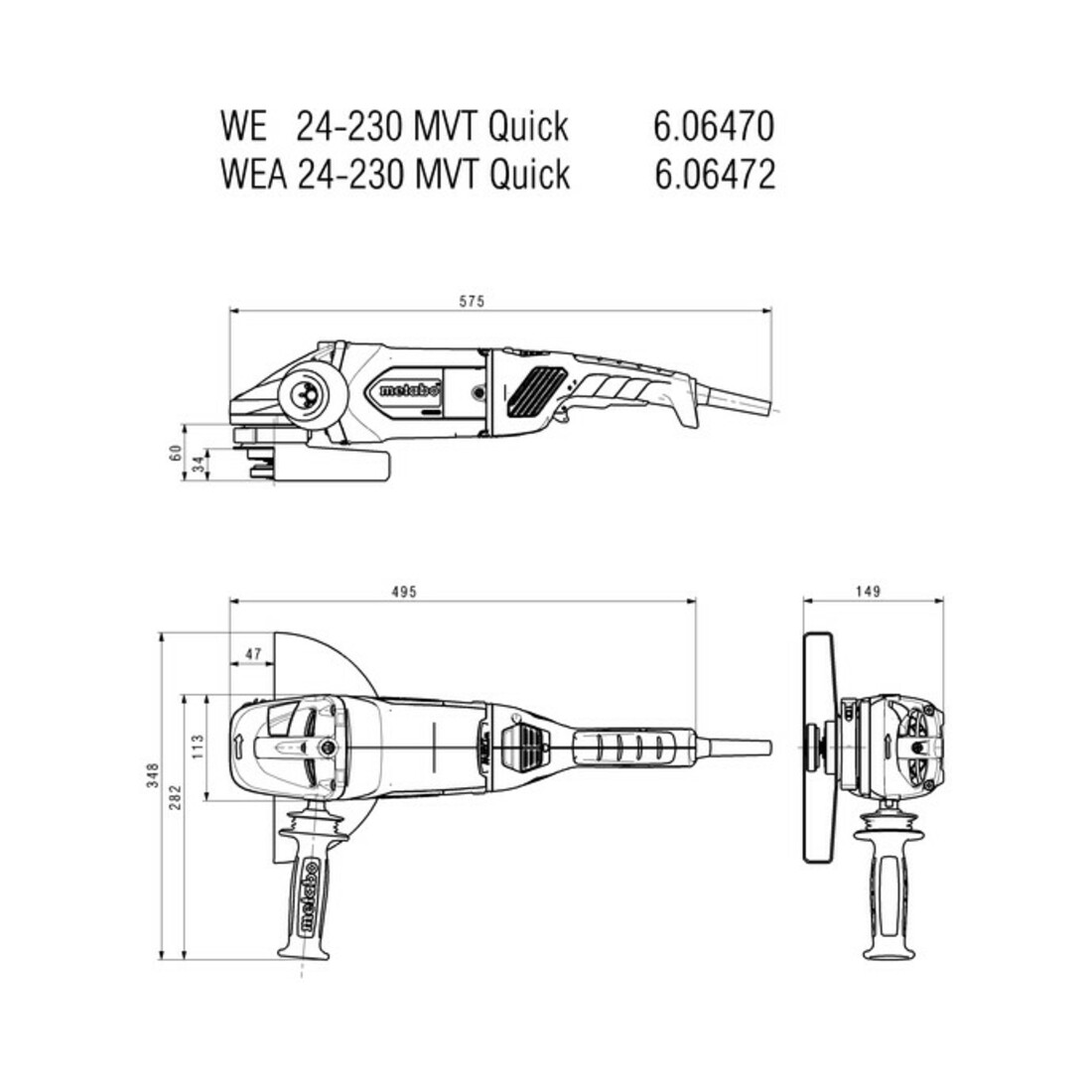 Metabo Winkelschleifer WEA 24-230 MVT Quick mit Schnellspannmutter, drehbarem Haupthandgriff; Karton