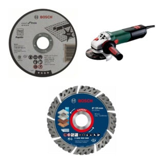 Metabo Winkelschleifer WEV 17-125 Quick & Schnellspannmutter – 3-teiliges Set mit Bosch 1 mm Trennscheibe, X-LOCK Diamanttrennscheibe & Spannmutter