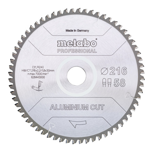 Metabo zaagblad "aluminium cut - professional", 216x2,2/1,8x30 Z58 FZ/TZ 5°neg