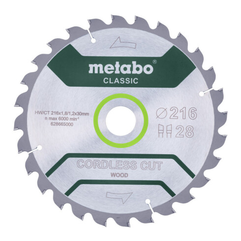 Metabo zaagblad "cordless cut wood - classic", 216x1,8/1,2x30 Z28 WZ 5° /B