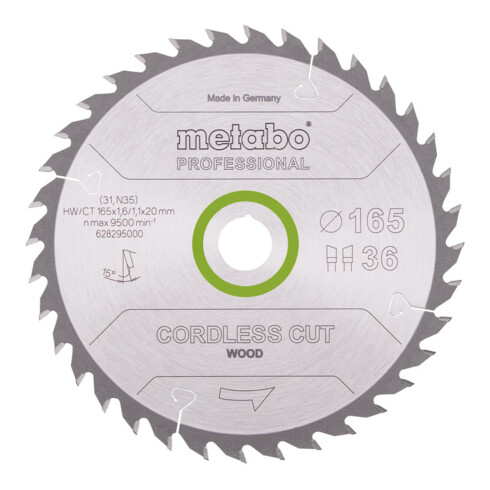 Metabo zaagblad "cordless cut wood - professional", 165x1,6/1,1x20 Z36 WZ 15°