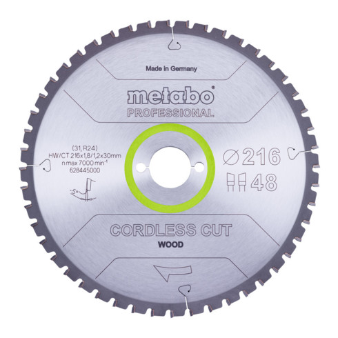 Metabo zaagblad "cordless cut wood - professional", 216x1,8/1,2x30 Z48 WZ 5°neg