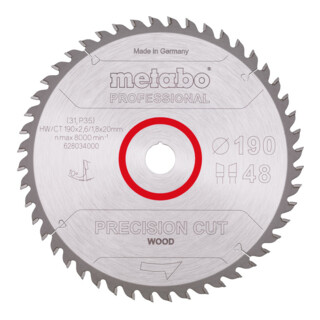Metabo zaagblad "precision cut wood - professional", 190x2,6/1,8x20, Z48 WZ 10°