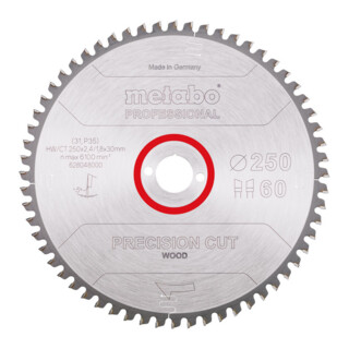 Metabo zaagblad "precision cut wood - professional", 250x2,4/1,8x30, Z60 WZ 5° neg.