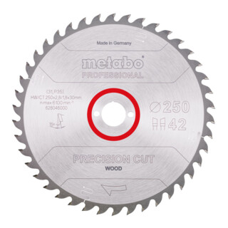 Metabo zaagblad "precision cut wood - professional", 250x2,8/1,8x30, Z42 WZ 15°