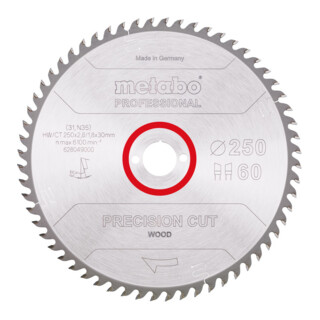 Metabo zaagblad "precision cut wood - professional", 250x2,8/1,8x30, Z60 WZ 15°