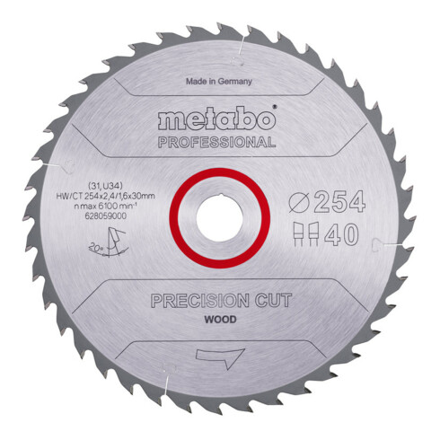 Metabo zaagblad "precision cut wood - professional", 254x2,4/1,6x30, Z40 WZ 20°