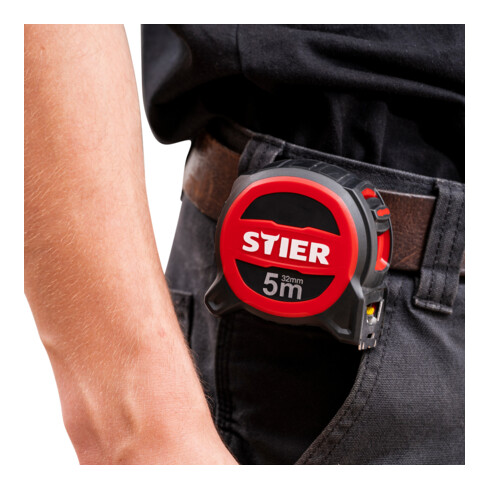 Mètre de poche STIER Premium 5 m x 32 mm avec aimant et crochet en acier inoxydable