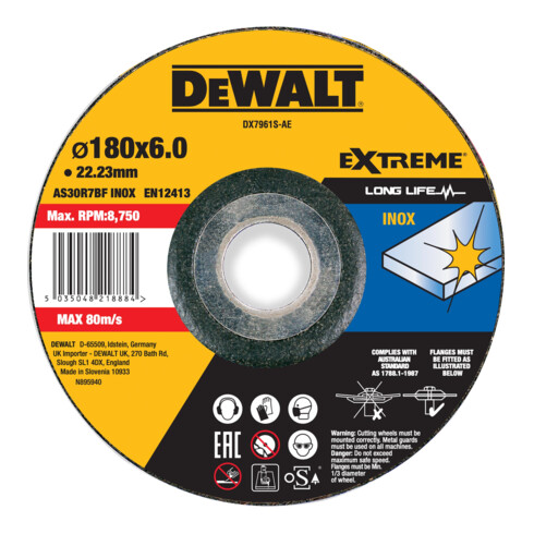 Meule à ébarber DEWALT EXTREME 180x6x22,23mm Inox type 42 (déportée) DX7961S-AE