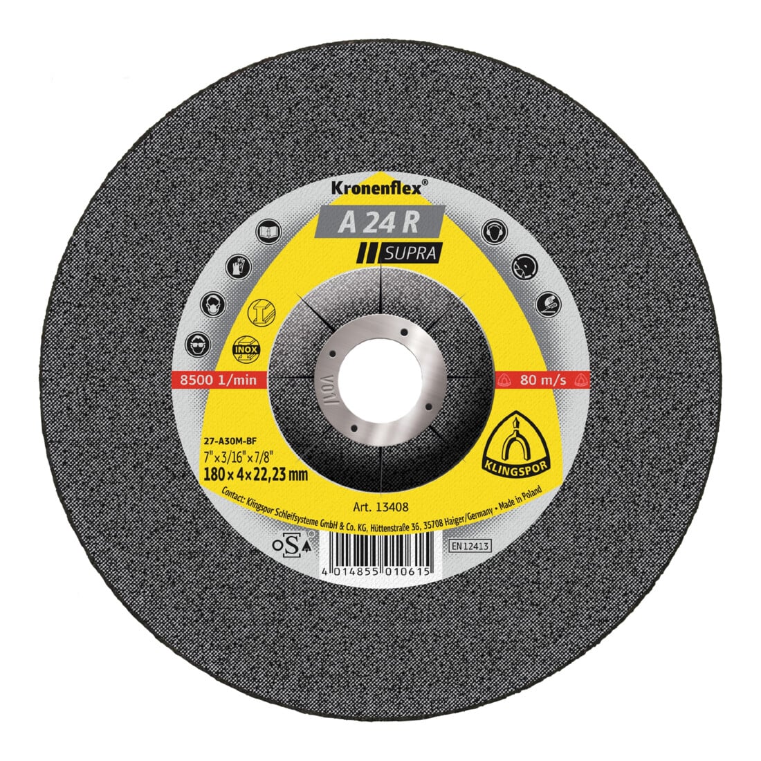 Meule d'ébarbage Klingspor A 24 R180 x 4 x 22,23 mm coudée
