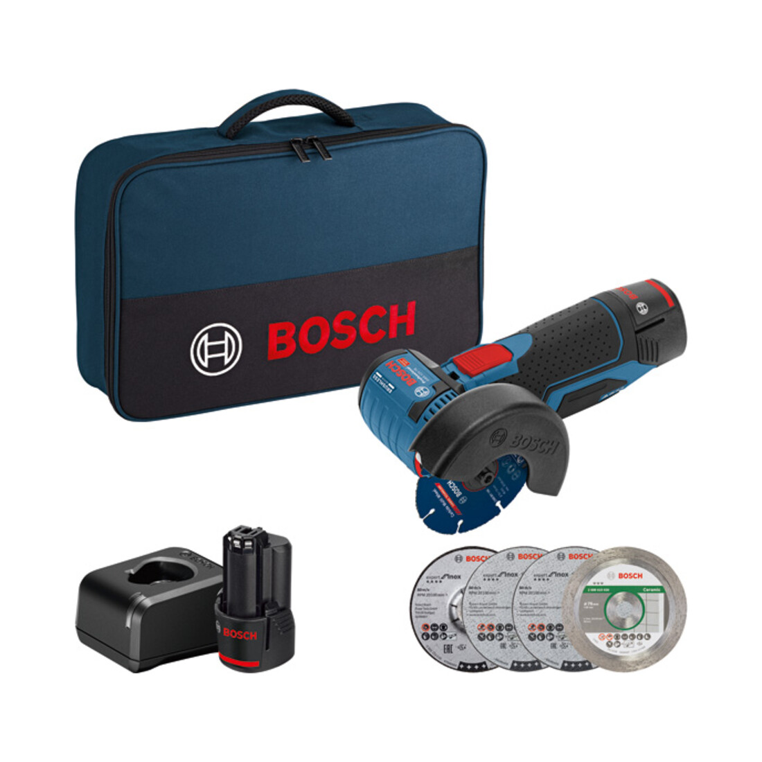 Meuleuse d'angle sans fil GWS 12V-76 de Bosch avec 2 x 2,0 Ah de batterie Li-Ion