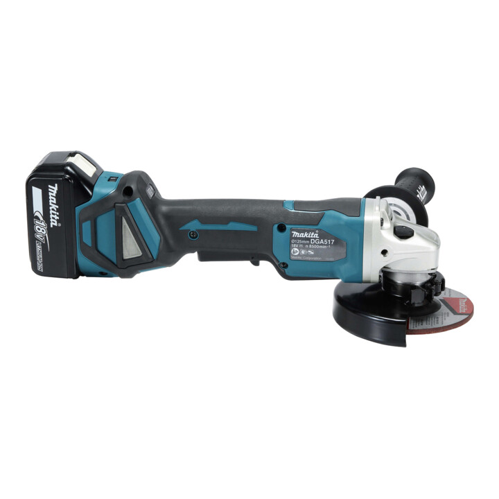 Meuleuse d'angle sans fil Makita DGA517RTJ, 18 V, 5,0 Ah avec interrupteur à palette, 2 batteries et chargeur, en MAKPAC