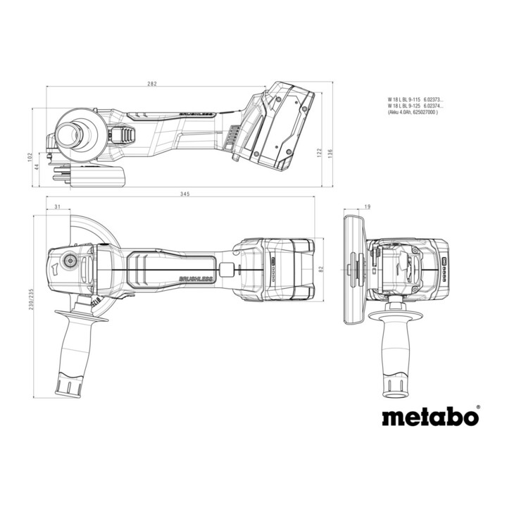 Meuleuse d'angle sans fil Metabo W 18 L BL 9-125 (602374840)X 165 L