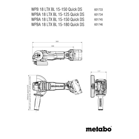 Meuleuse d'angle sans fil Metabo WPBA 18 LTX BL 15-180 Quick DS (601746840) avec frein</li><li>Écrou de serrage rapide, batterie pivotante, interrupteur homme-mort;X 165 L