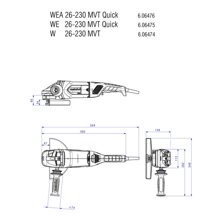 Meuleuse d'angle WEA 26-230 MVT Quick metabo, carton