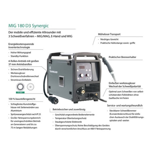 MIG/MAG-Schweißanlage MIG 180 D3 Synergic Set m.Zub.5-180 A gasg.TEAMWELDER