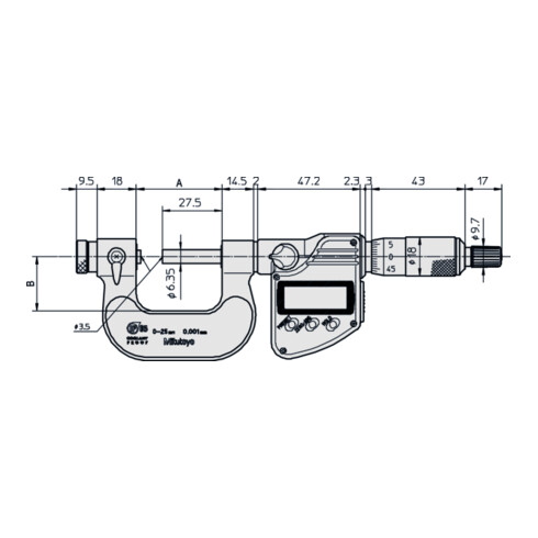 Mitutoyo Digitale Bügelmessschraube IP65 für Gewindemessungen, 0-25 mm