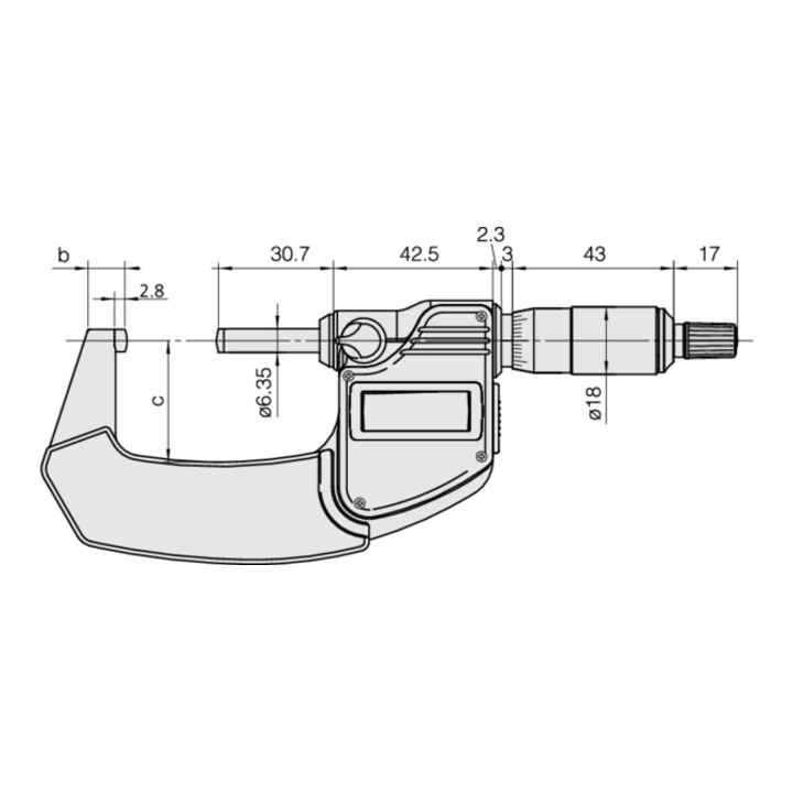 Mitutoyo Digitale Bügelmessschraube IP65 mit sphärischen Messflächen, 0-25 mm, sphärischer Amboss