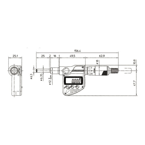 Mitutoyo Digitale Einbaumessschraube IP65 0-25mm, flach Spindel, 12/18mm ebener Schaft