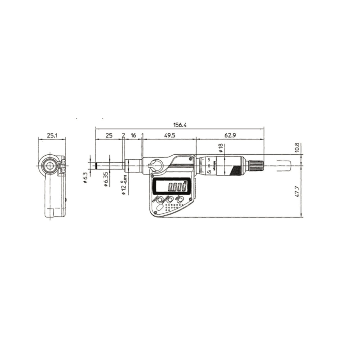 Mitutoyo Digitale Einbaumessschraube IP65 0-25mm, flach Spindel, 12/18mm ebener Schaft