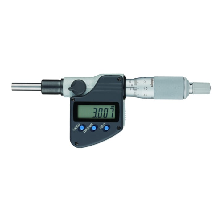 Mitutoyo Digitale Einbaumessschraube IP65 0-25mm, flach Spindel, 12/18mm ebener Schaft