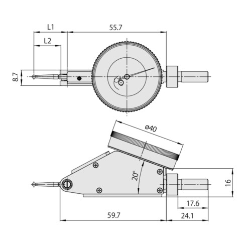 Mitutoyo Fühlhebel, horiz. 20° geneigt 1,6 mm, 0,01 mm, 8 mm Schaft