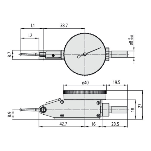 Mitutoyo Fühlhebel, horizontal 0,6 mm, 0,002 mm, 8 mm Schaft