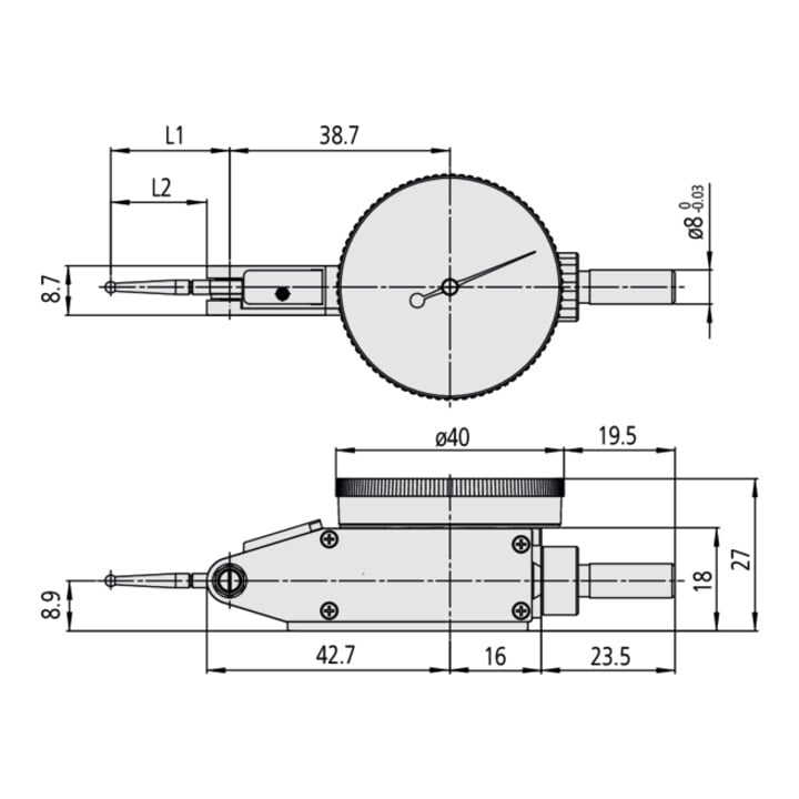 Mitutoyo Fühlhebel, horizontal 0,8 mm, 0,01 mm, 8 mm Schaft