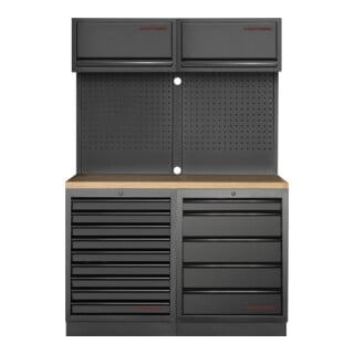 Mobilier d'atelier Mobilio 2 éléments Kraftwerk 3964K-95K2, 5 & 9 tiroirs, unité murale, plan de travail multiplex