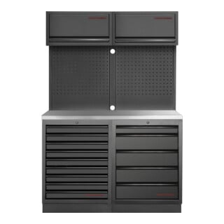 Mobilier d'atelier Mobilio 2 éléments Kraftwerk 3964K-95K2IX, 5 & 9 tiroirs, unité murale, acier inoxydable