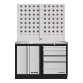 Mobilier d'atelier Mobilio 2 éléments Kraftwerk, paroi perforée, acier inoxydable, 5 tiroirs