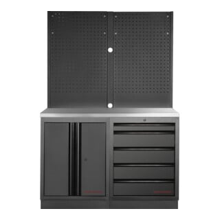 Mobilier d'atelier Mobilio 2 éléments Kraftwerk, paroi perforée, acier inoxydable, 5 tiroirs