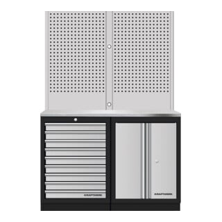 Mobilier d'atelier Mobilio 2 éléments Kraftwerk, paroi perforée, acier inoxydable, 9 tiroirs