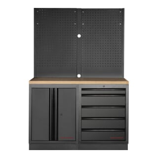 Mobilier d'atelier Mobilio 2 éléments Kraftwerk, paroi perforée, contreplaqué hêtre, 5 tiroirs
