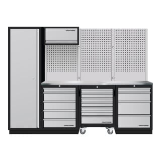 Mobilier d'atelier Mobilio 4 éléments Kraftwerk, armoire haute, paroi perforée, acier inoxydable