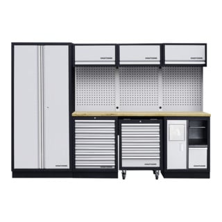 Mobilier d'atelier Mobilio 4 éléments Kraftwerk, unité murale, paroi perforée à trous carrés, 2955 mm, plan de travail multiplex