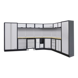 Mobilier d'atelier Mobilio 8 éléments Kraftwerk, unité murale, paroi perforée à trous carrés, longueur 3819 mm 2824 mm, plan de travail multiplex