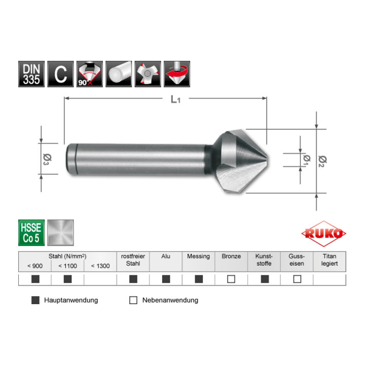 Module Fraises à chanfreiner 3 dents DIN 335 forme C 90° HSS + HSS Co 5 + HSS-TiN, en Quadro Pack