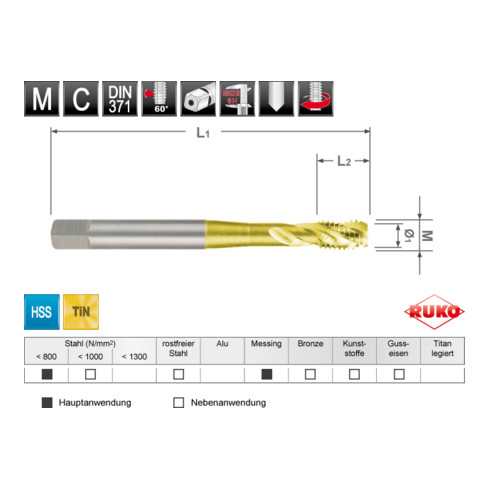 Module Taraud machine hélicoïdal DIN 371 / 376 HSS + HSS Co 5 + HSS-TiN rectifié, forme C / 35° RSP en Quadro Pack