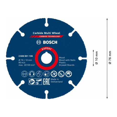 Molette de tronçonnage Bosch Expert en carbure, 76 mm, 1 mm, 10 mm