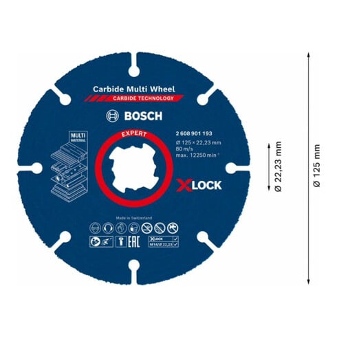 Molette de tronçonnage X-LOCK en carbure Bosch Expert, 125 mm, 1 mm, 22,23 mm