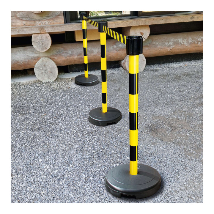 Moravia Gurt-Warnständer BASIC mit schwarz/gelb schraffiert Band Länge 3000 mm, 50 x 950 mm