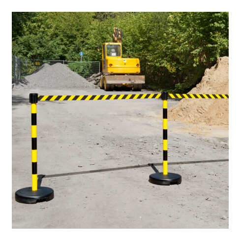 Moravia Gurt-Warnständer BASIC mit schwarz/gelb schraffiert Band Länge 3000 mm, 50 x 950 mm