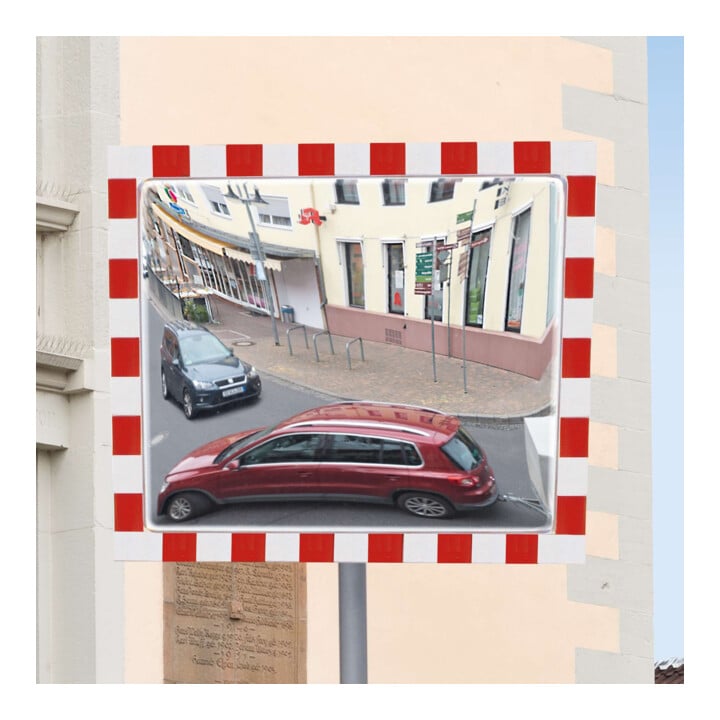 Moravia Miroir de circulation en acier inoxydable 400 × 600 mm cadre rouge/blanc + collier 76 mm