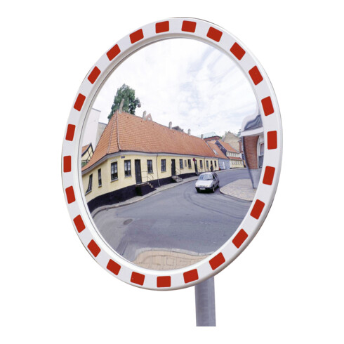 Moravia Verkehrsspiegel aus Acrylglas rund Rahmen rot/weiß + 76er Schelle