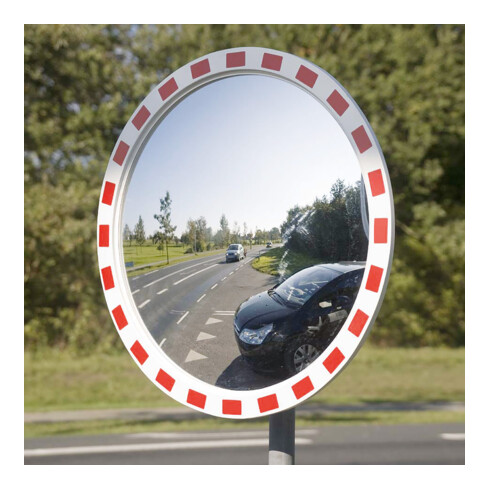 Moravia Verkehrsspiegel aus Acrylglas rund Rahmen rot/weiß + 76er Schelle